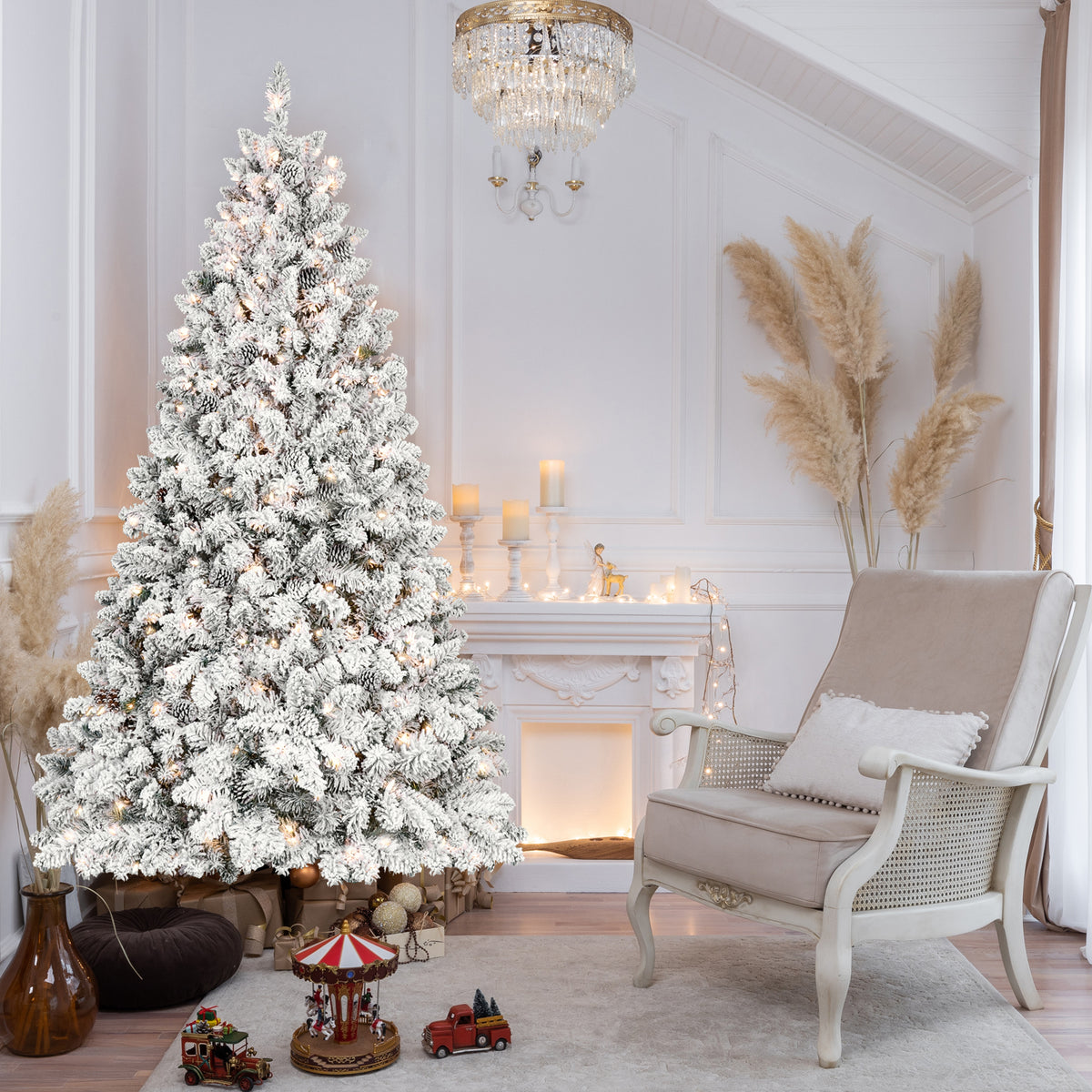 8FT Flocked Christmas Tree with 700 UL Lights and 54 Natural Pine Cones – Snowy PVC Tips, 1754 Tips, Hinged Structure, Stable Metal Stand, Easy Setup