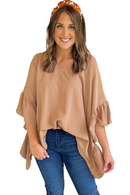 Smoke Gray Plus Size Ruffled Dolman Sleeve V Neck Blouse - Eloy Royal