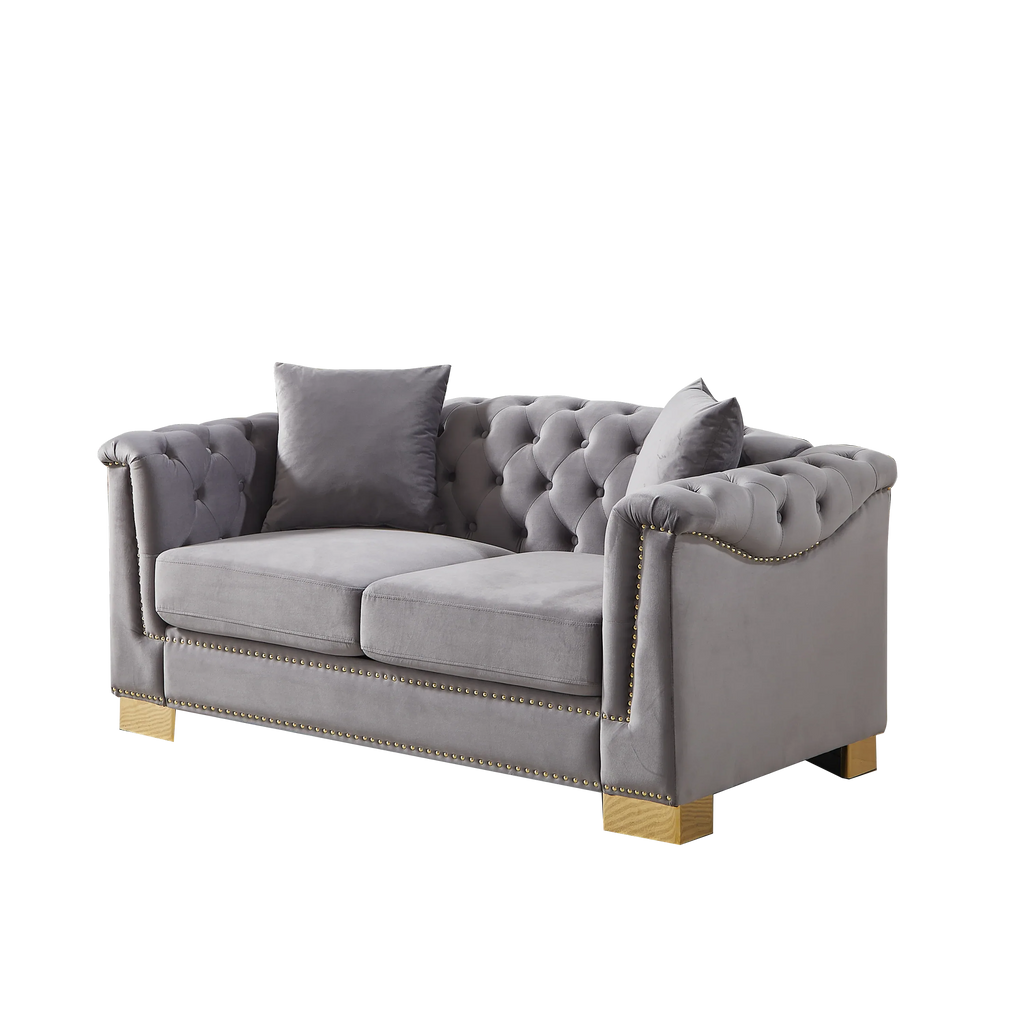 {Video] Classic Modern Style Sofa, 62-inch Chesterfield Classic Rolled Arm Tucked-in Nailhead Decor Cloud Two-Seater Velvet Sofa, Luxury Double Sofa Suitable for Living Room, Bedroom, Apartment, Grey - Eloy Royal