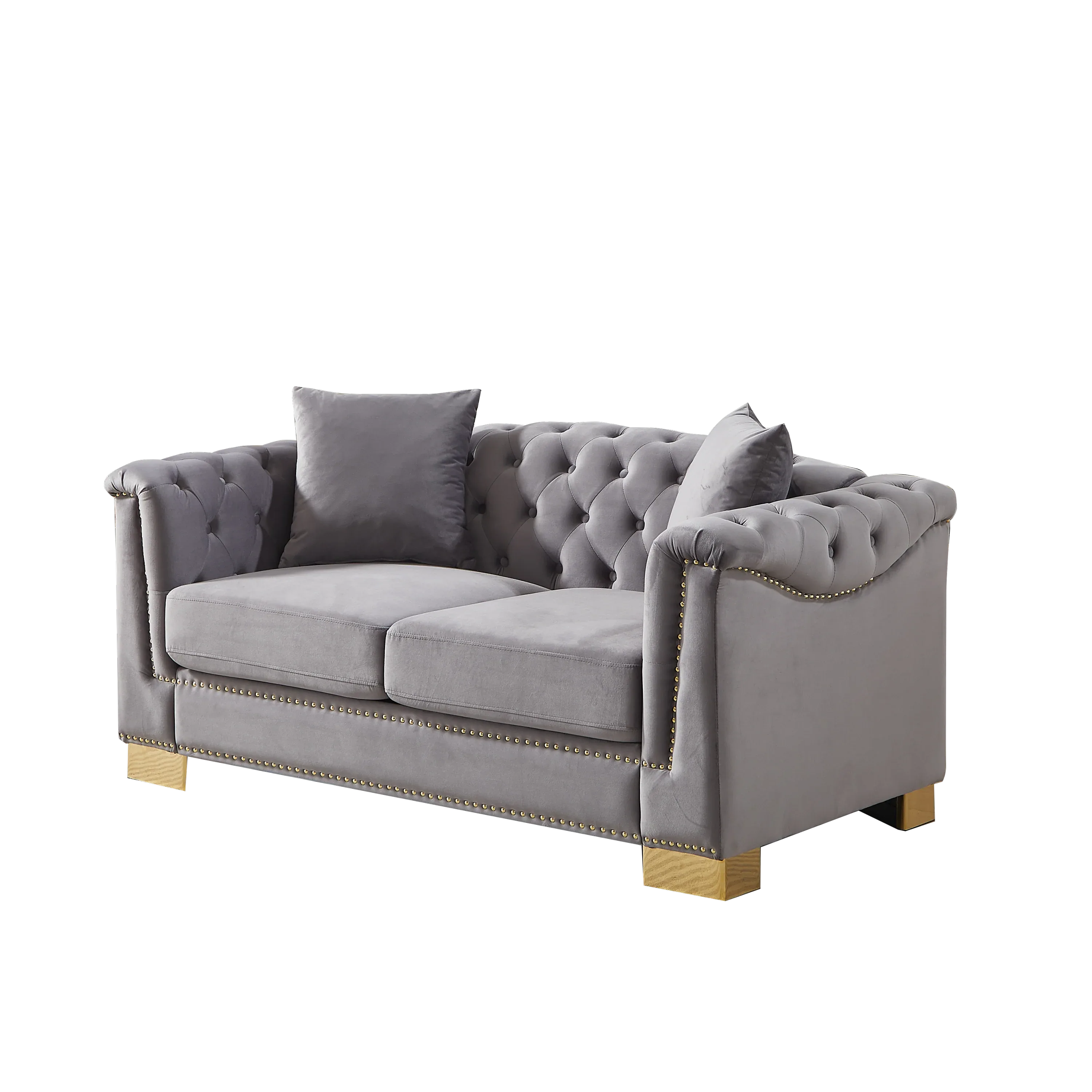 {Video] Classic Modern Style Sofa, 62-inch Chesterfield Classic Rolled Arm Tucked-in Nailhead Decor Cloud Two-Seater Velvet Sofa, Luxury Double Sofa Suitable for Living Room, Bedroom, Apartment, Grey - Eloy Royal