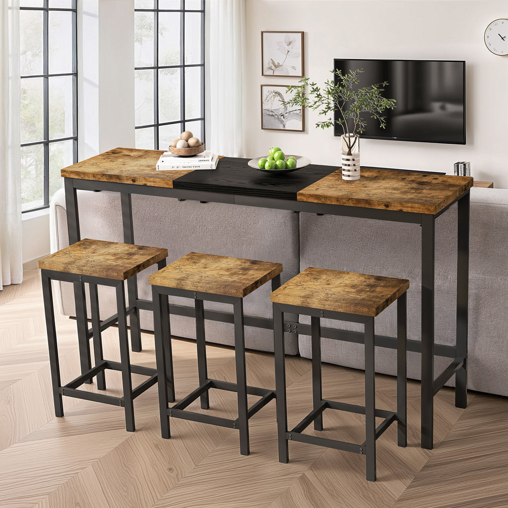 Modern Design Kitchen Dining Table, Pub Table, Long Dining Table Set with 3 Stools, Convenient Hanging Stool Design, Natural+Black,(Same SKU:W757P146463)