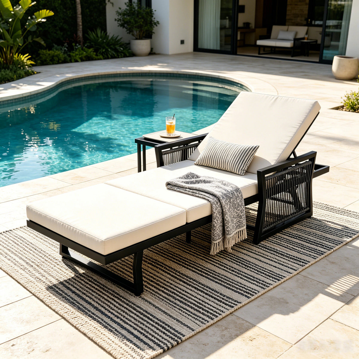 Black Mix Black Rope Chaise Lounge, 4' Thick 3-Fold Cream Water Resistant Cushion, 5-Position Adjustable Recliner, 400 LBS Capacity, Outdoor Patio Pool Lounge Chair