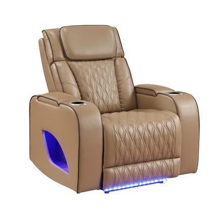 Fortuner Power Reclining Chair in Caramel Faux Leather with Massage Function, LED Lights, USB Ports, Cup Holders and Hidden Storage