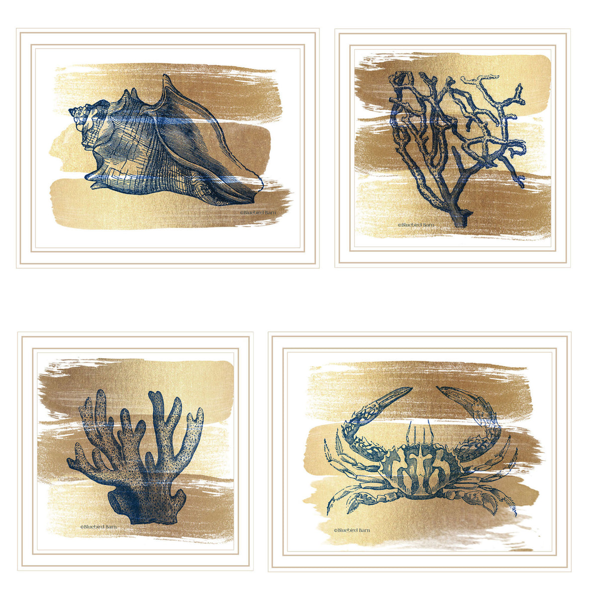 Trendy Decor 4U 4-PC Vignette Gold Sea Collection White Framed Wall Art for Living Room, Bedroom Wall Art Print for Home Decor by Bluebird Barn