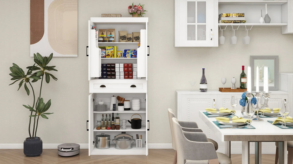71' Kitchen Pantry Storage Cabinet with 4 Doors(2Doors with Racks),1 Drawer, 2 Adjustable Shelves, Freestanding Cupboard for Kitchen, Dining Room and Living Room-White - Eloy Royal
