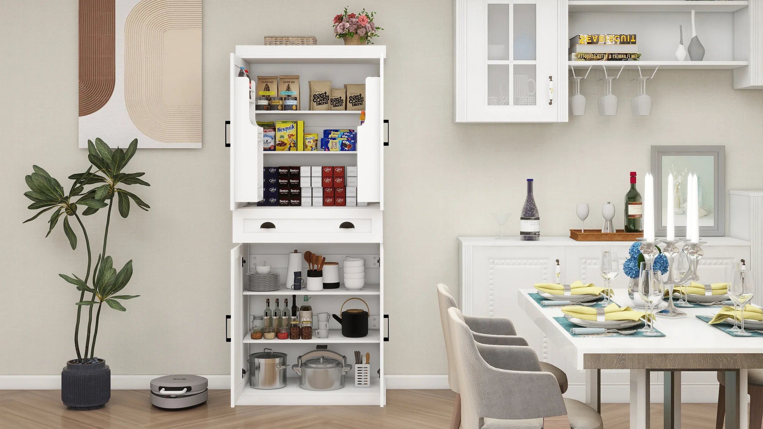 71' Kitchen Pantry Storage Cabinet with 4 Doors(2Doors with Racks),1 Drawer, 2 Adjustable Shelves, Freestanding Cupboard for Kitchen, Dining Room and Living Room-White - Eloy Royal
