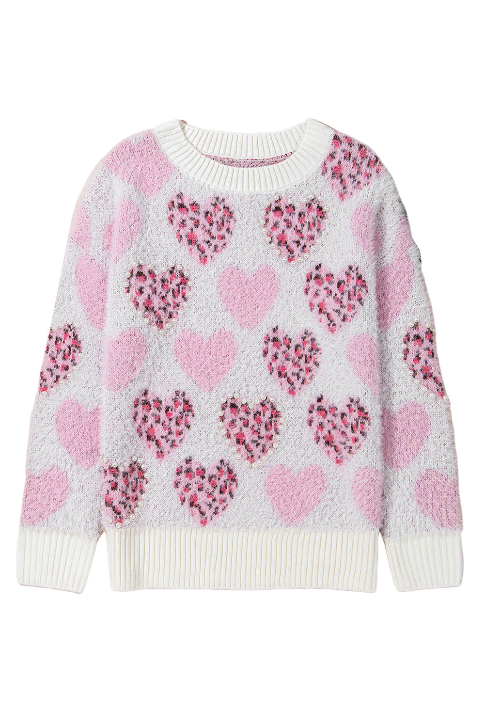 Pink Heart Leopard Print Pearled Ribbed Trim Fuzzy Sweater