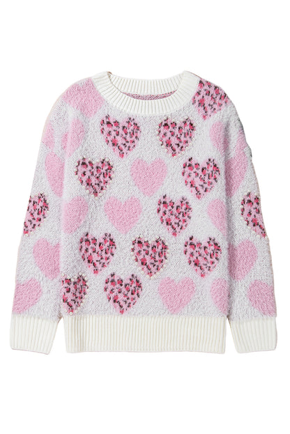 Pink Heart Leopard Print Pearled Ribbed Trim Fuzzy Sweater