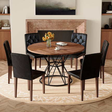 Table and chair set.A circular walnut MDF dining table with a diameter of 47.3 inches,black hourglass shaped metal brackets.Paired with 6 Black PU chairs with decorative buckle design on the backrest.