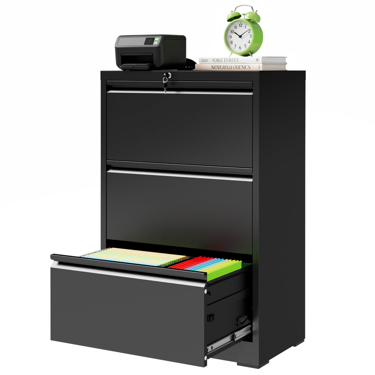 3 Drawer Lateral File Cabinet with Lock, Black Metal Full Extendable Filing Cabinet, Anti-Tipping Office Storage Cabinet, Adjustable Hanging Rods Fit A4 Letter Legal Files, Home Office Furniture