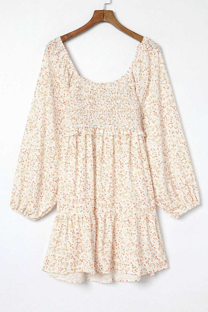 Apricot Boho Floral Smocked Puff Sleeve Short Dress