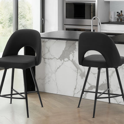Barstool, 39' Height, Set Of 2, Counter Height, Swivel, Kitchen, Black Leather Look, Black Metal, Contemporary, Modern