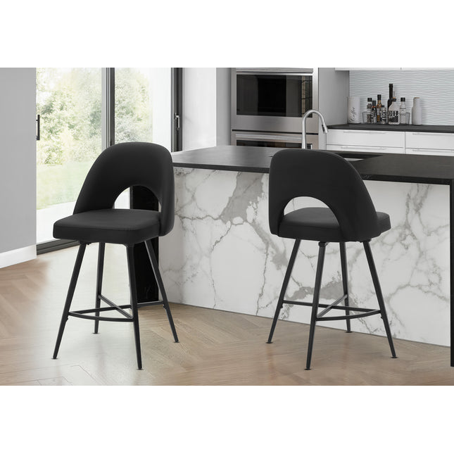 Barstool, 39' Height, Set Of 2, Counter Height, Swivel, Kitchen, Black Leather Look, Black Metal, Contemporary, Modern