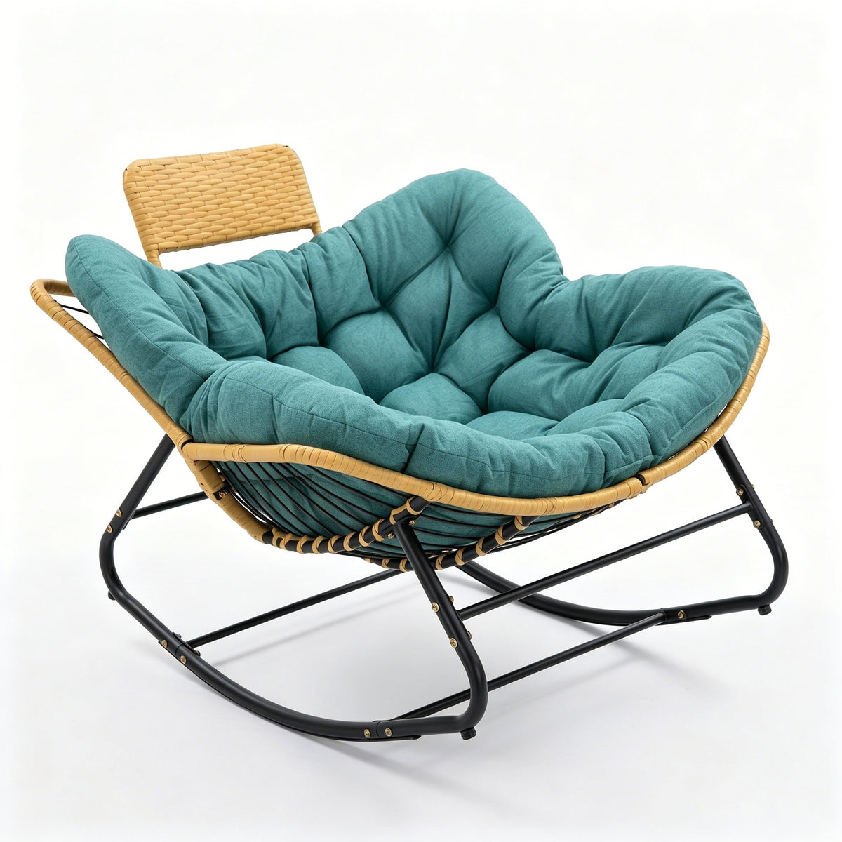 Oversized Papasan Rocking Chair Outdoor with Thick Cushion and Handwoven Rattan Head Pillow, Green Rattan Metal Frame Patio Lounge Chair for Balcony, Porch, Indoor or Outdoor Use