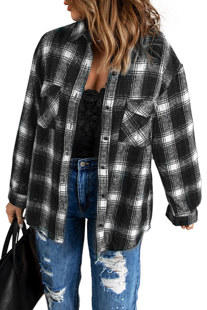 Wholesale Black Button Up Collared Plaid Shacket - Eloy Royal