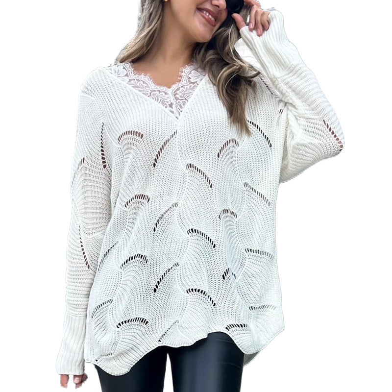 Women's Lace Stitching Mid-length White Sweater