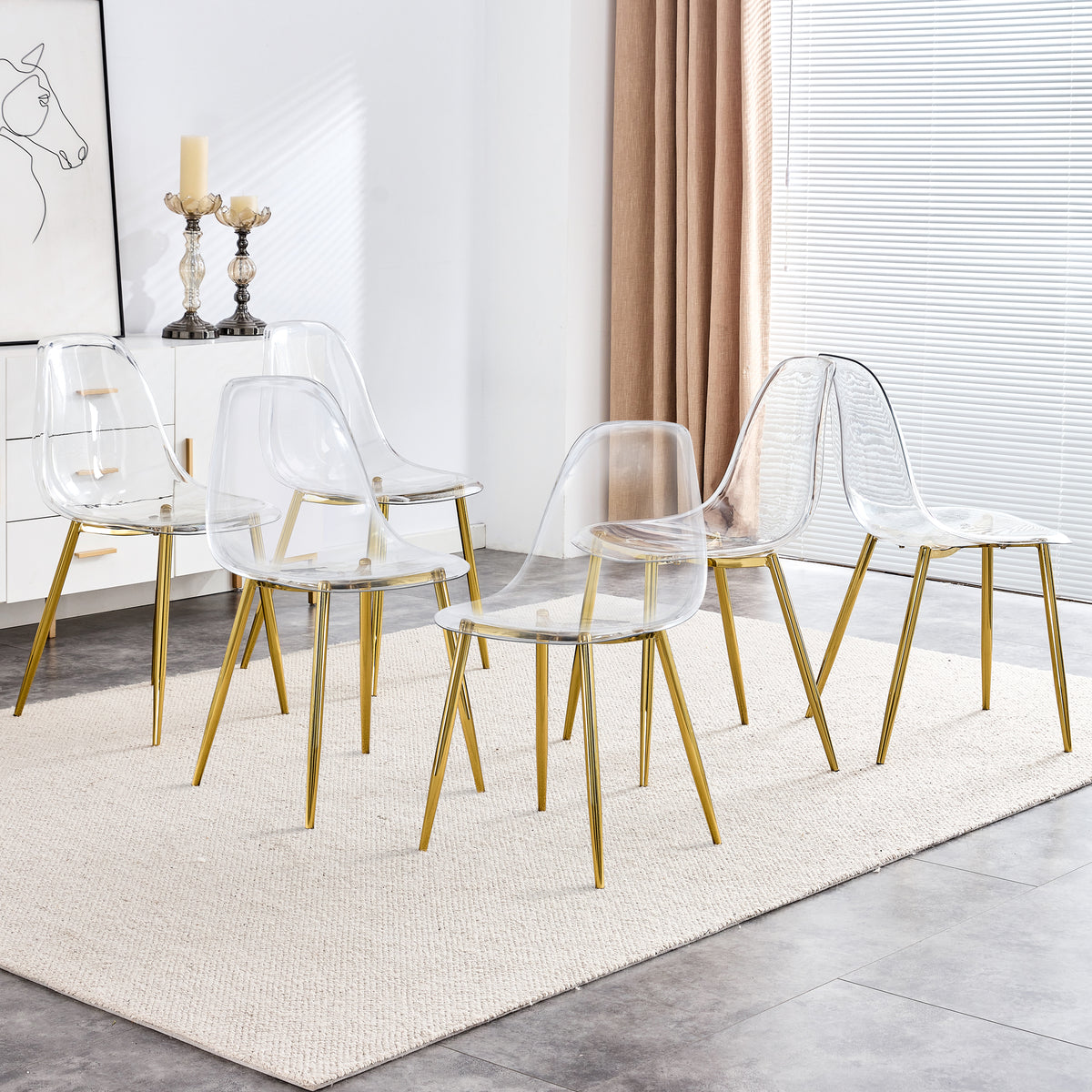 Modern minimalist transparent dining chair, plastic chair, armless crystal chair, Nordic creative makeup stool, negotiation chair, 6-piece set of gold-plated metal legs, TW-1200