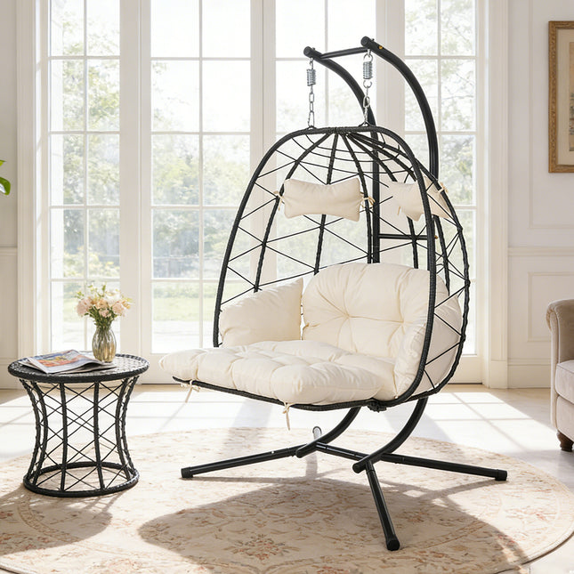 2 Person Hanging Egg Chair with Stand, Double Outdoor Wicker Swing Chair with Adjustable Footrest & Thickened Cushions for Patio Garden Balcony