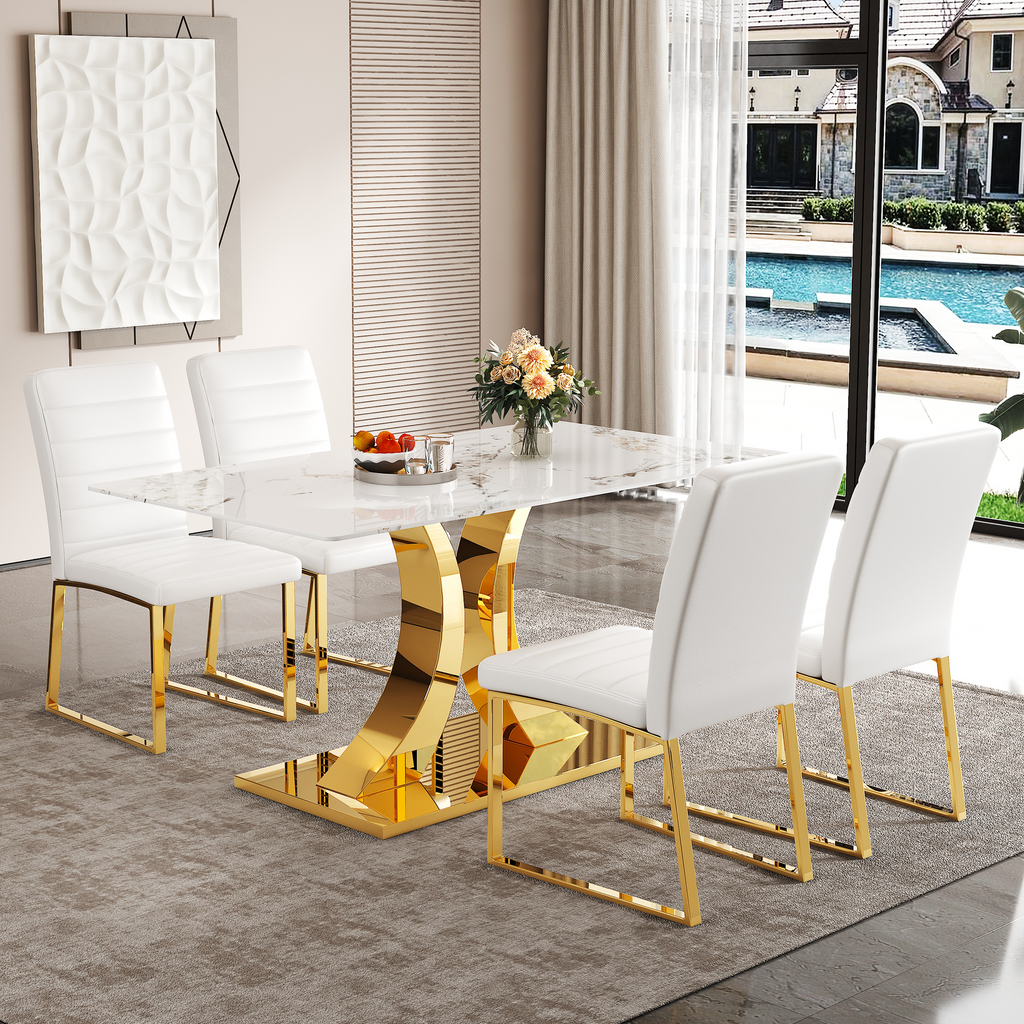 Marble patterned tempered glass dining chair set (gold decoration): 63 inch dining table+4 modern minimalist style dining chairs