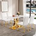 Marble patterned tempered glass dining chair set (gold decoration): 63 inch dining table+4 modern minimalist style dining chairs