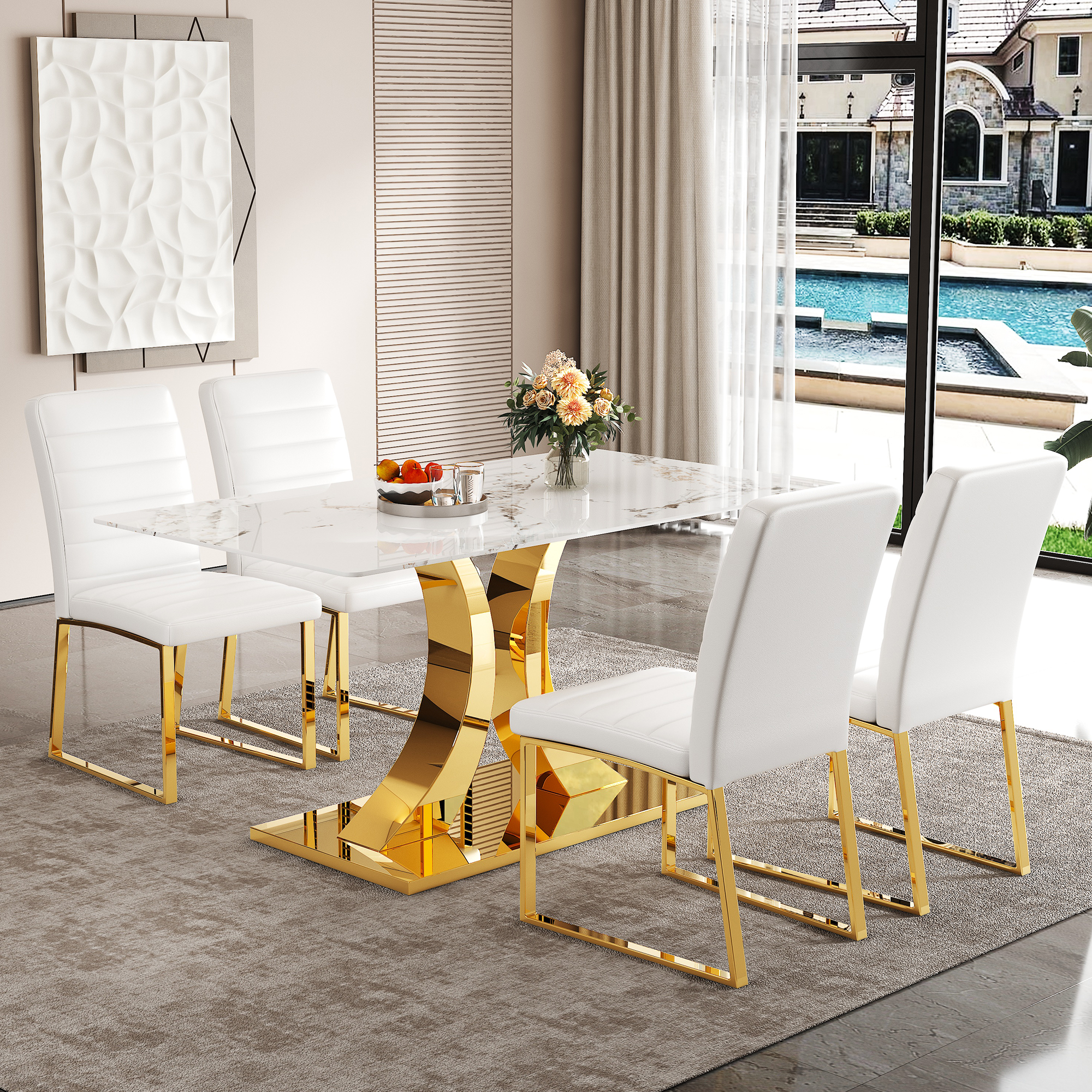 Marble patterned tempered glass dining chair set (gold decoration): 63 inch dining table+4 modern minimalist style dining chairs