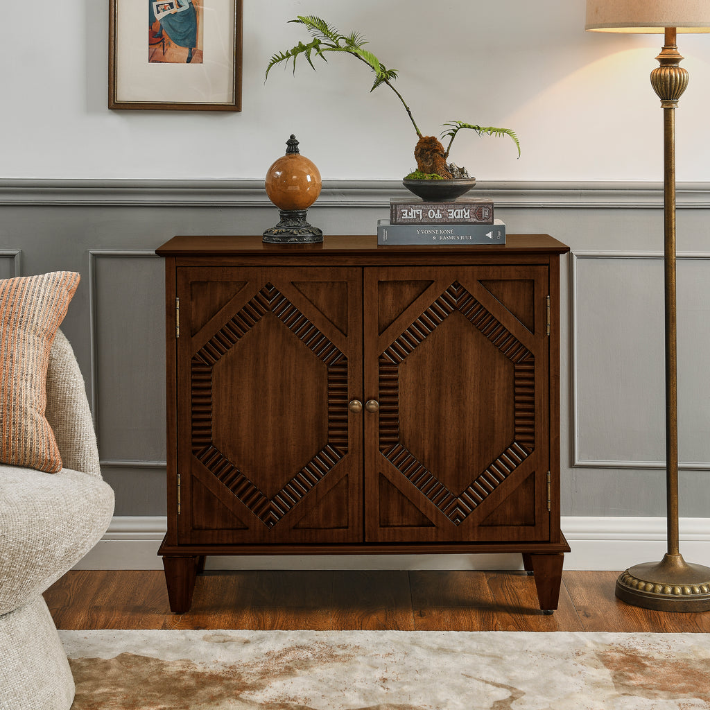 33.6' Retro Wooden Sideboard Buffet Cabinet with Storage, Symmetrical Geometric Accent Display Cabinets, Media Console Credenza for Living Room/Entryway/Dining Room/Kitchen, Walnut