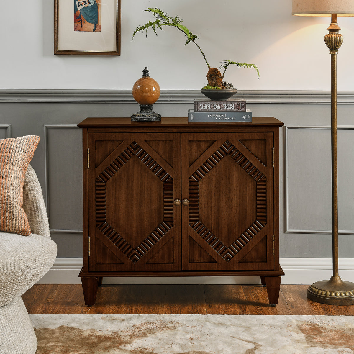 33.6' Retro Wooden Sideboard Buffet Cabinet with Storage, Symmetrical Geometric Accent Display Cabinets, Media Console Credenza for Living Room/Entryway/Dining Room/Kitchen, Walnut