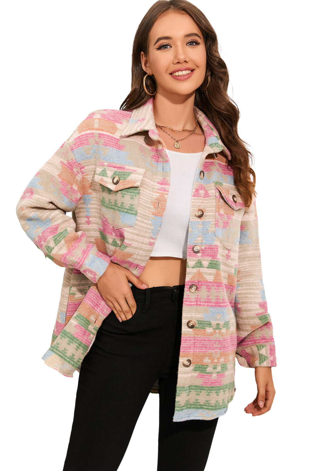 Multicolor Button Up Flap Pockets Geometric Jacket for Women - Eloy Royal