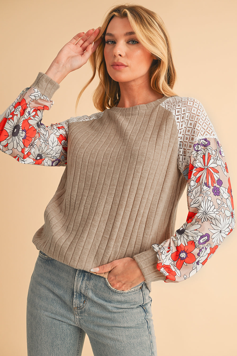 Laurel Green Floral Patchwork Raglan Sleeve Ribbed Blouse