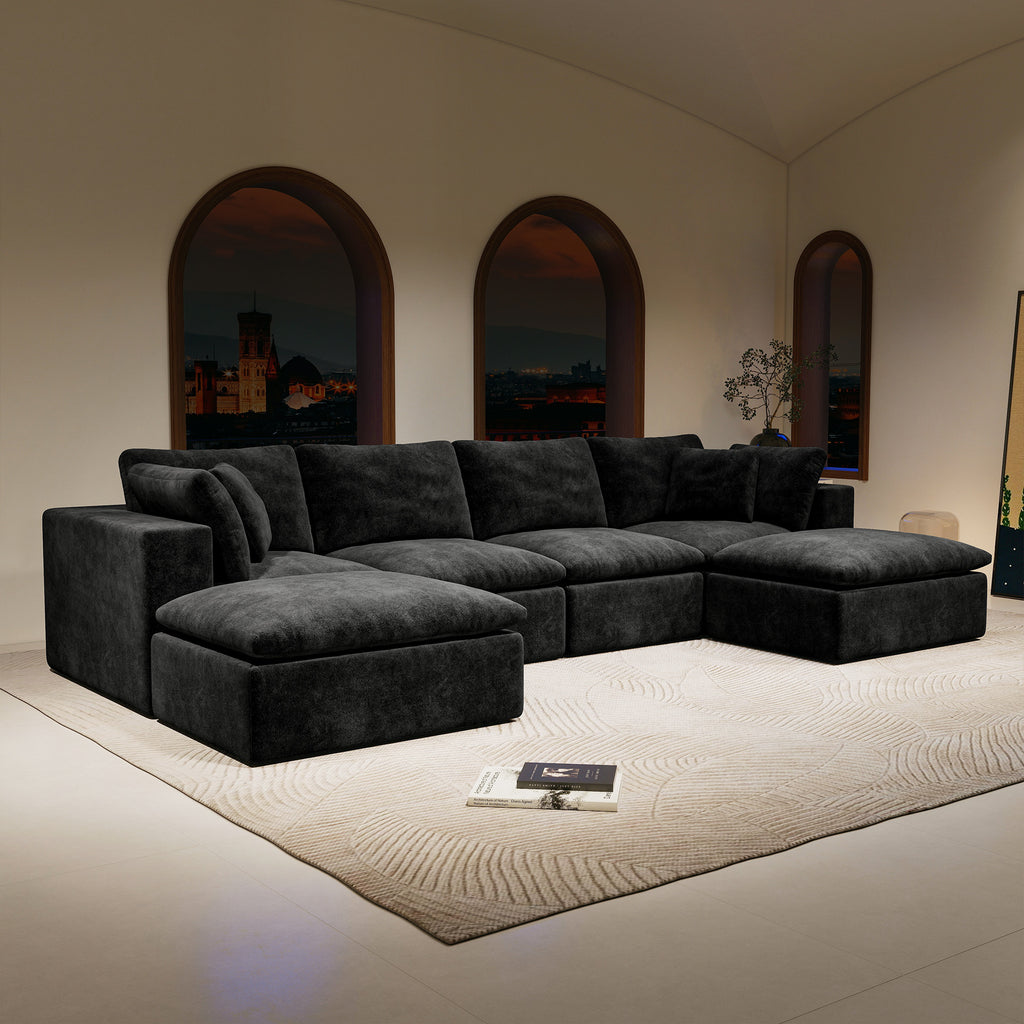 137.8*68.9'Modular sectional sofa seat,Upholstered compressed couch for living room,Bedroom,Apartment,No assembly required,5PC free combination,Plush corduroy fabric,BLACK