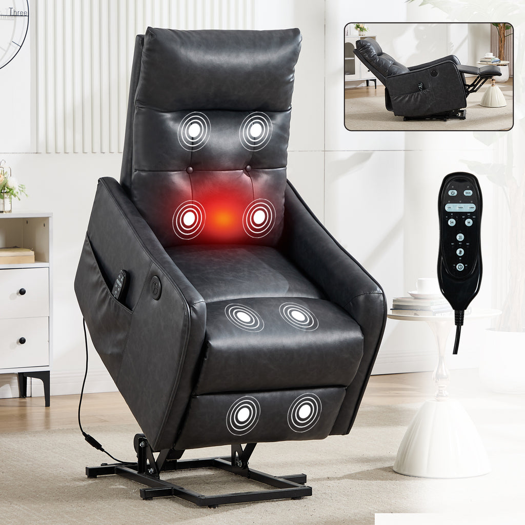 Deep Grey PU Single Motor Power Lift Recliner Chair with Massage and Heat for Elderly, Heavy Duty Motion Mechanism and One USB for Charging, Max Reclining Angle 155°