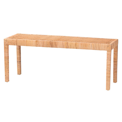 Modern Bohemian Natural Rattan and Mahogany Wood Long Accent Bench