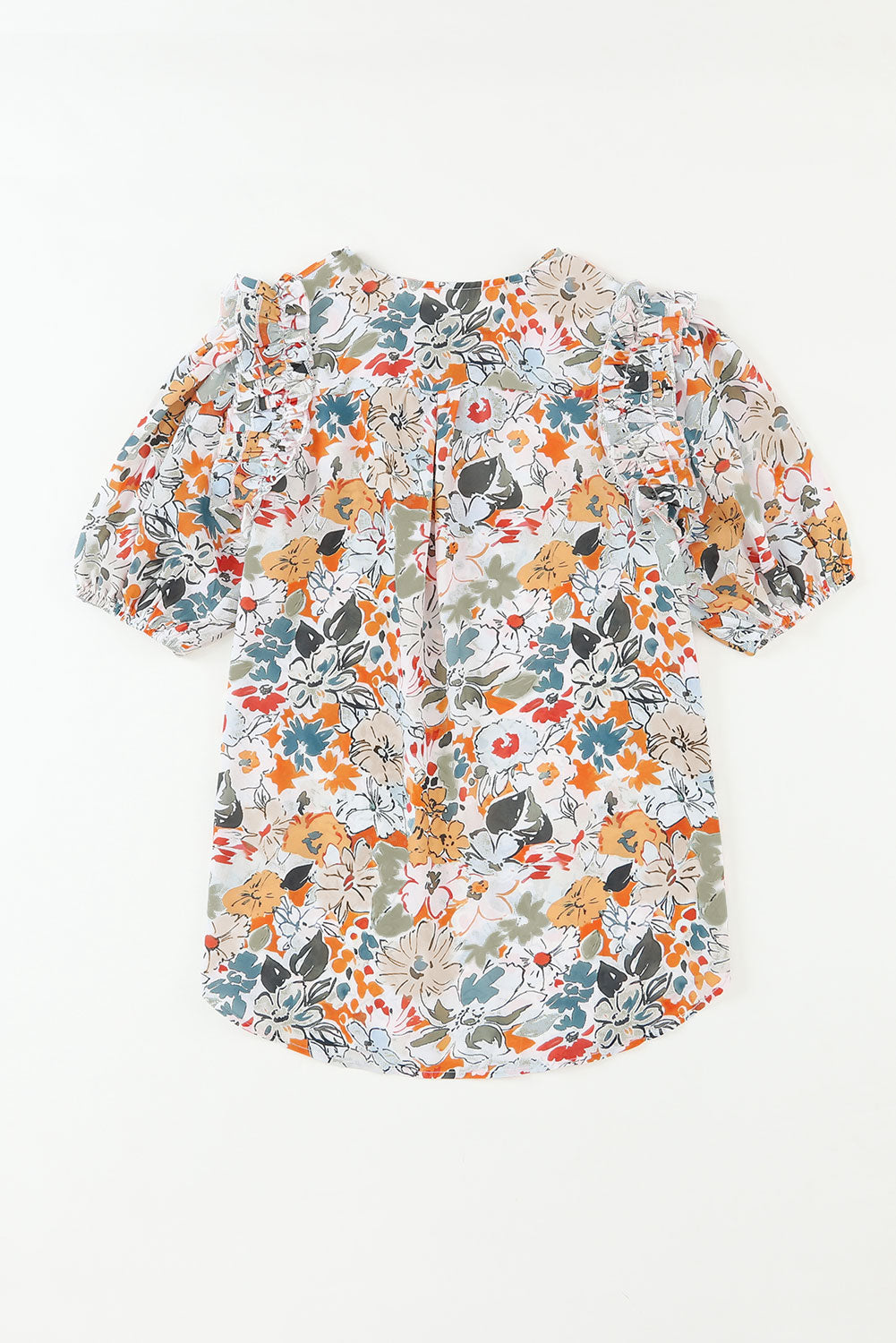 Multicolor Split V Neck Puff Sleeve Floral Print Blouse - Eloy Royal