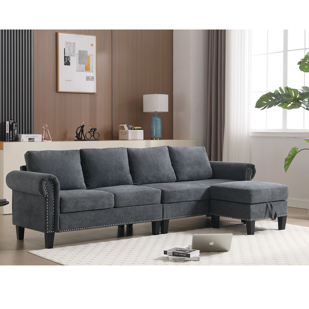 Brighton grey linen L-shaped sectional with storage ottoman, view 5