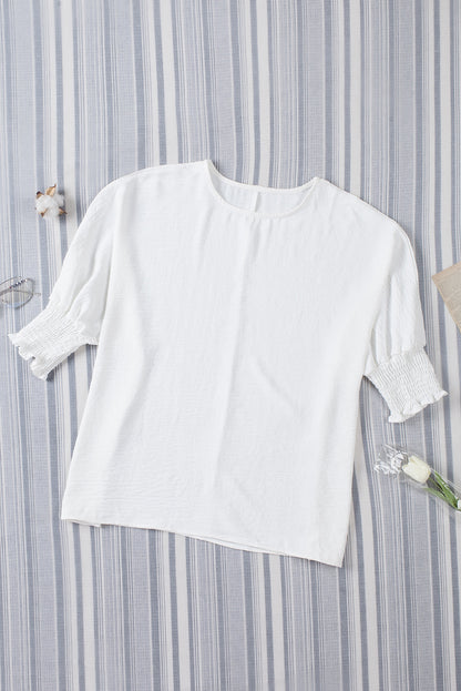 White Plain & Casual Shirred Cuffs Half Sleeve Top - Eloy Royal