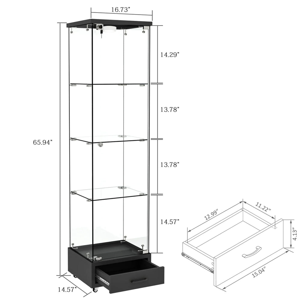 Modern Glass Display Cabinet with Drawer , Quick-assembly Antique Cabinet with LED lights, Tempered Glass Bookshelf, 1-Door Storage Case with 4 Shelves for Living Room and Bedroom, black - Eloy Royal