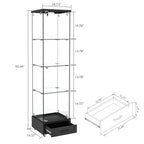 Modern Glass Display Cabinet with Drawer , Quick-assembly Antique Cabinet with LED lights, Tempered Glass Bookshelf, 1-Door Storage Case with 4 Shelves for Living Room and Bedroom, black - Eloy Royal