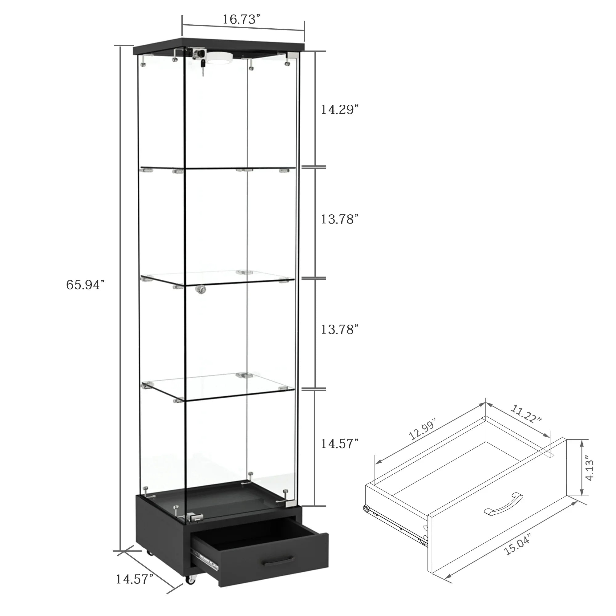 Modern Glass Display Cabinet with Drawer , Quick-assembly Antique Cabinet with LED lights, Tempered Glass Bookshelf, 1-Door Storage Case with 4 Shelves for Living Room and Bedroom, black - Eloy Royal