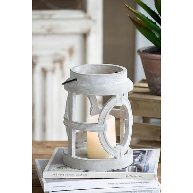7.1x7.1x9.6' Gray Cement Lantern with Oval Cut-Out Design, Indoor Outdoor Garden Decor (without Candle)