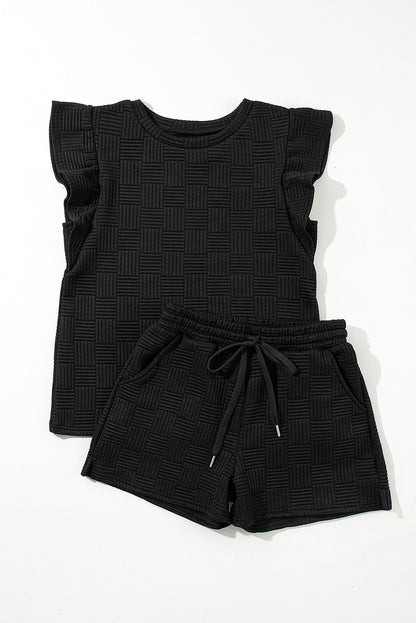 Black Textured Ruffle Sleeve Tee and Drawstring Shorts Set - Eloy Royal