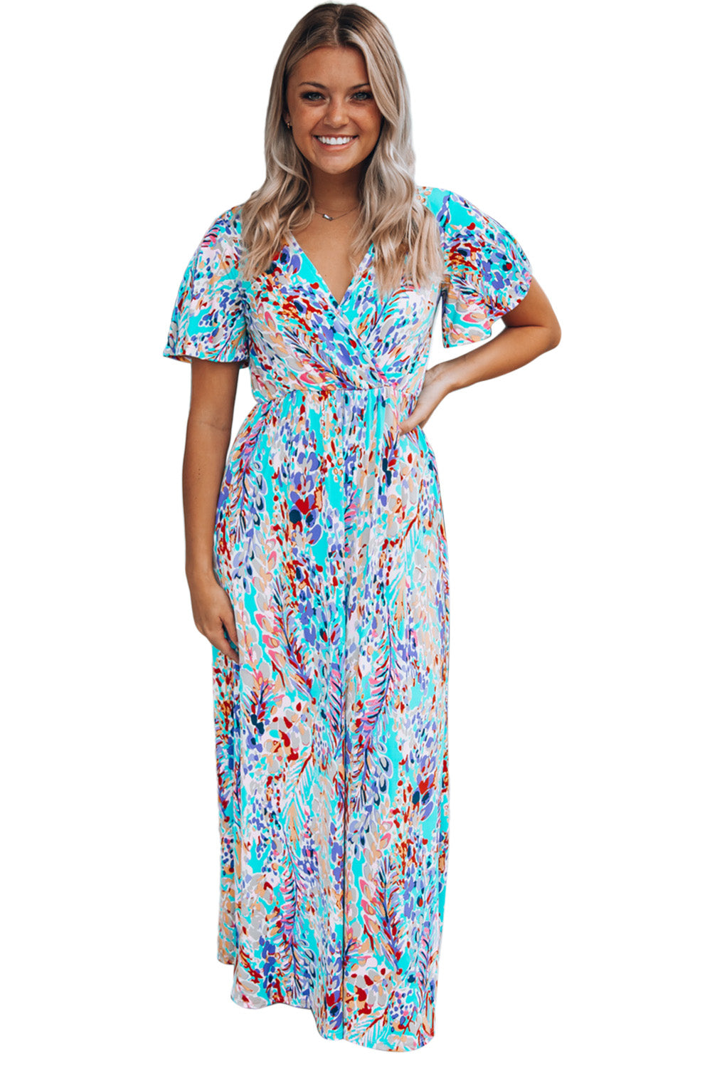 Wholesale Rose Boho Abstract Print V Neck Short Sleeve Maxi Wrap Dress - Eloy Royal