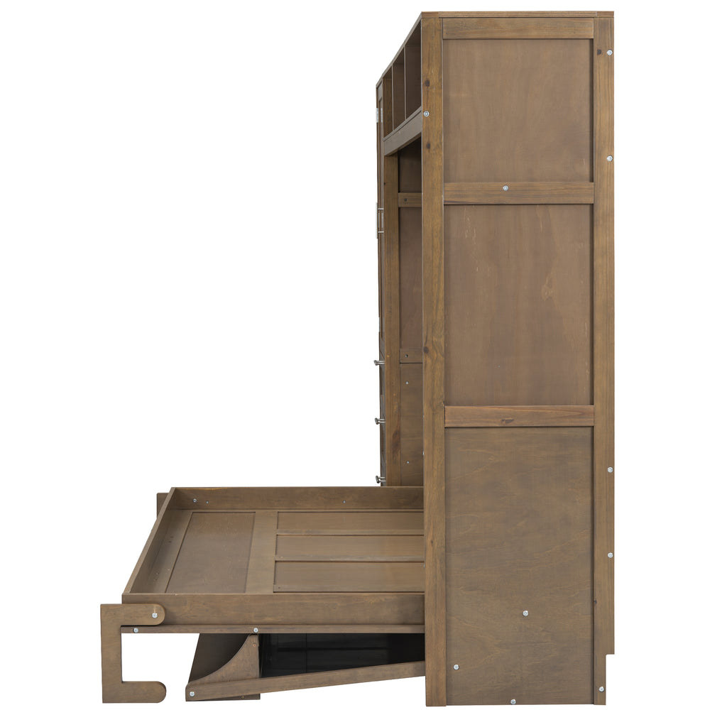 Full Size Murphy Bed with Wardrobe, Drawers and Open Shelves, Antique Grey