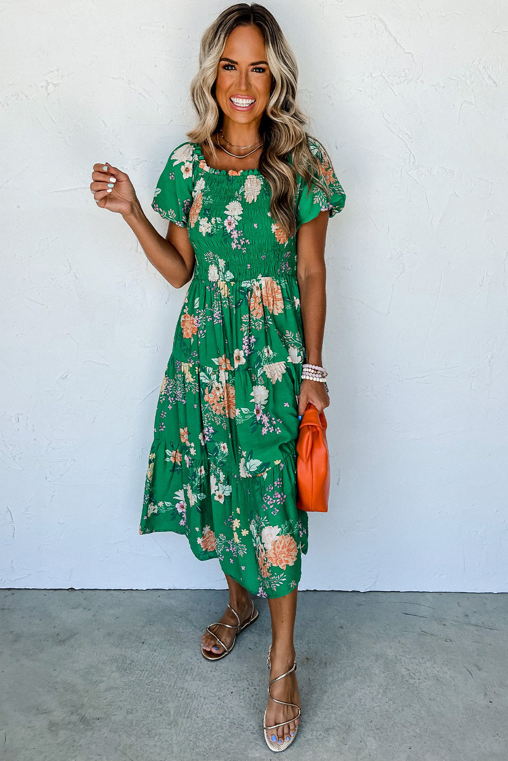 Green Floral Print Bubble Sleeve Smocked Tiered Midi Dress - Eloy Royal