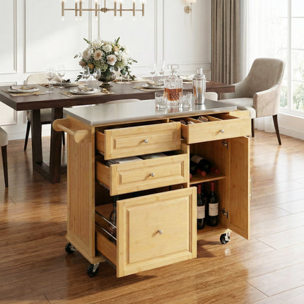 Indoor Bamboo Rolling Kitchen Island with Stainless Steel Top – Mobile Cart with Drawers, Cabinet & Towel Rack for Dining & Bar