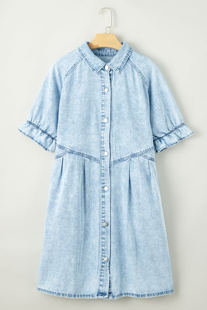 Blue Mineral Washed Ruffled Short Sleeve Pocketed Denim Dress - Eloy Royal