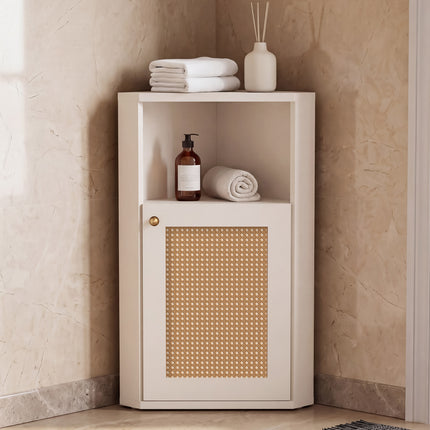 OMCHOM Bathroom Corner Storage Cabinet, Farmhouse Floor Corner Cabinet with Rattan Barn Door and Adjustable Shelf, Narrow Cabinet Organizer for Bathroom, Living Room, Kitchen