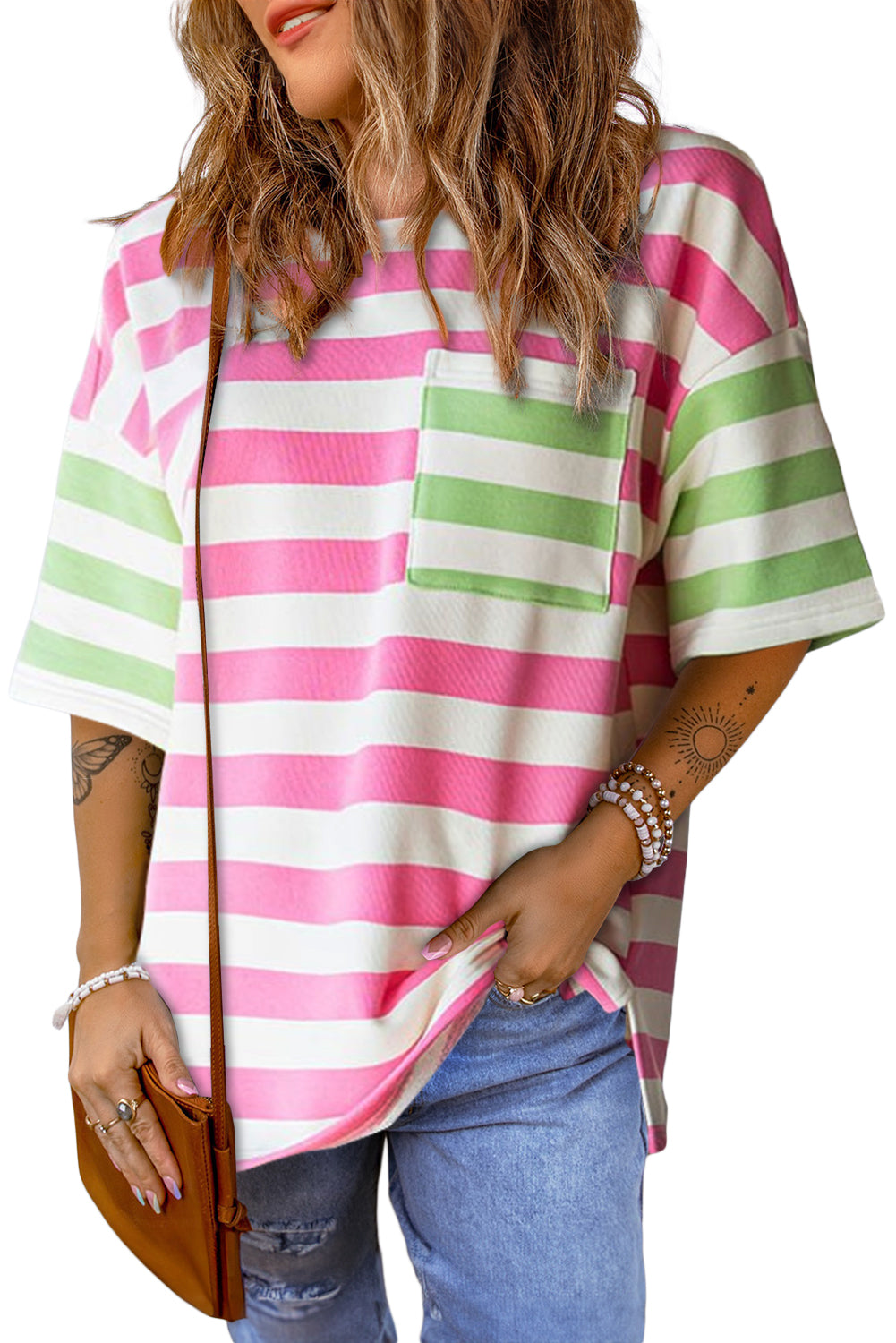 Pink Stripe Patch Pocket Drop Sleeve Slits T Shirt - Eloy Royal