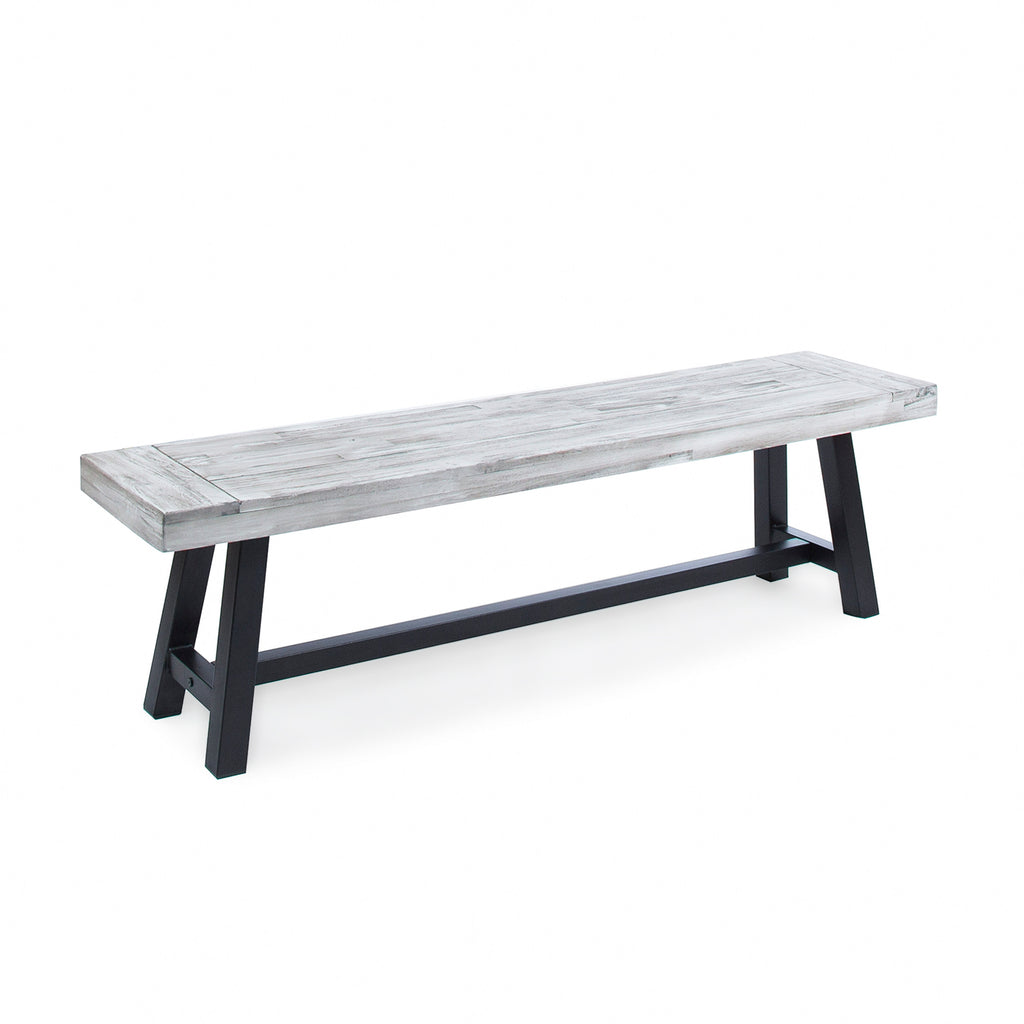 Tranquilizer Outdoor Acacia Wood Bench with Slat Panel Design, Sandblasted Light Gray + Black