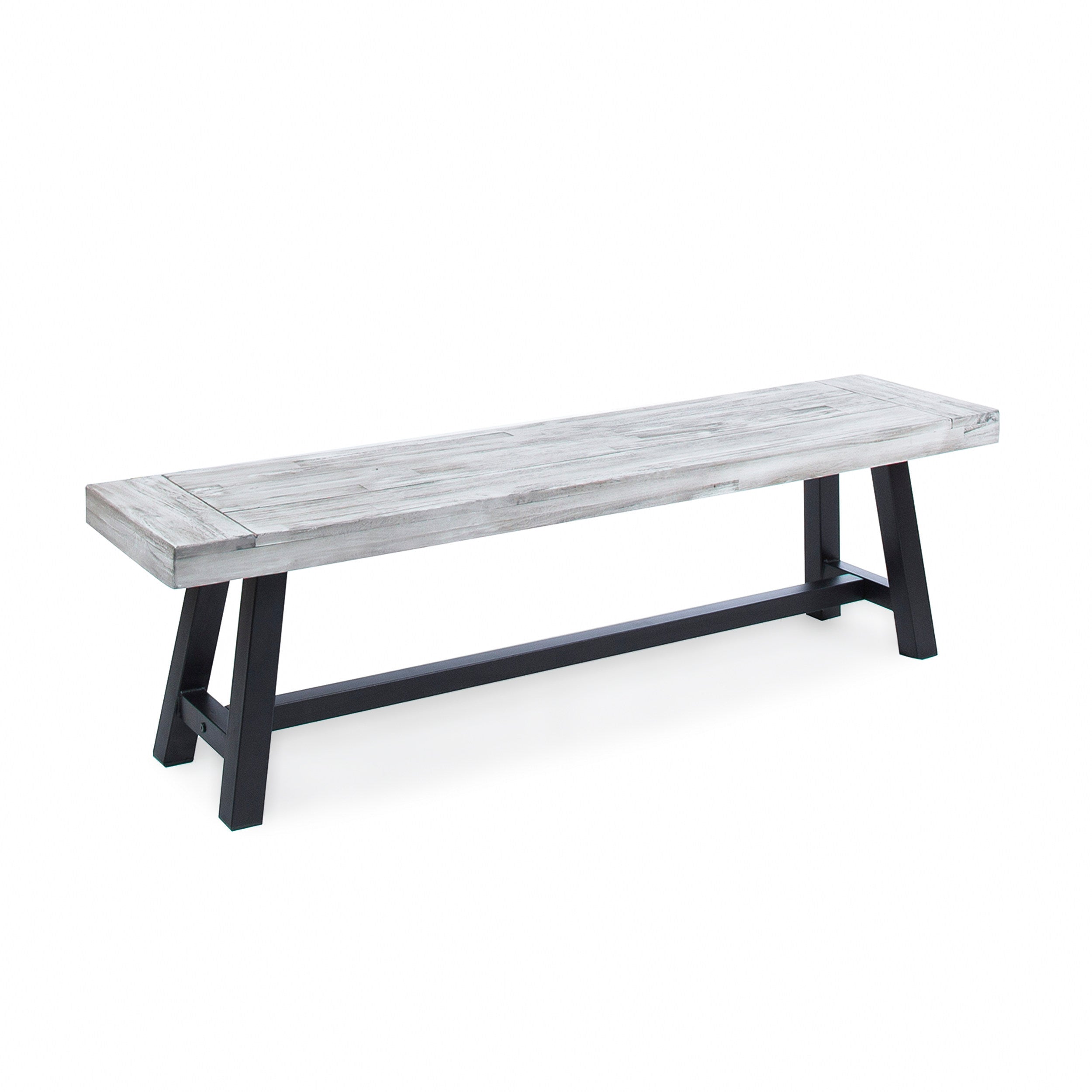 Tranquilizer Outdoor Acacia Wood Bench with Slat Panel Design, Sandblasted Light Gray + Black