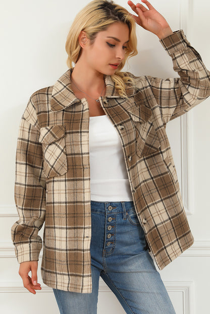 Brown Plaid Print Chest Pockets Shacket - Eloy Royal